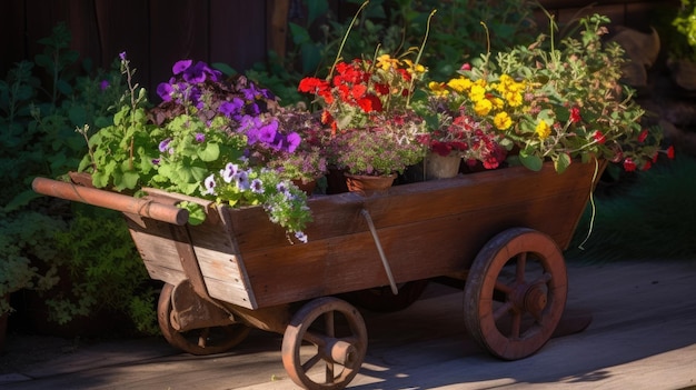 Buiten in een tuin staat een wagen vol bloemen.