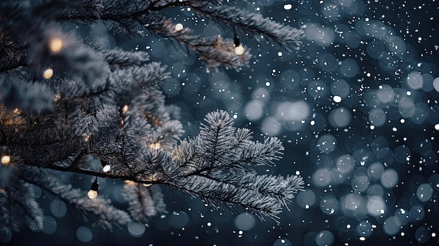 Foto buiten kerstboom met sterrenhemel en vallende sneeuwvlokken