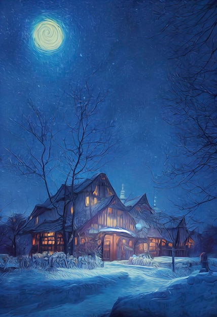 Buiten kersttafereel met magische nachtelijke hemel illustratie van een kersthuis met sneeuw winterlandschap
