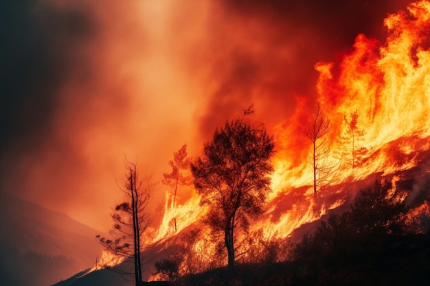 Buiten natuurramp hete brandende hitte bos gevaar nacht gele bosbrand vlammen verbrand vernietiging boom rode omgeving rook vuur