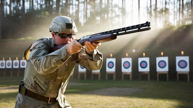 Buiten schietbaan jachtgeweer actie cursus schutter met een pistool in militair uniform