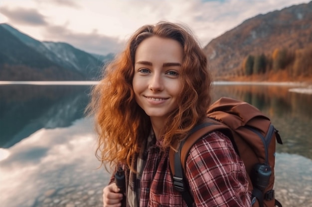 Buiten vrouw vrijheid bergen levensstijl jong wandelen glimlach rugzak natuur canada Generatieve AI