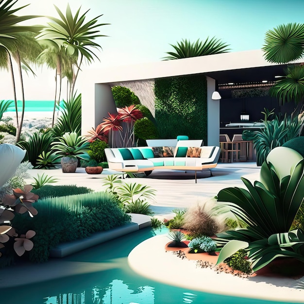 Buiten woonkamer zen ruimte met tropische planten en moderne meubels Generatieve AI