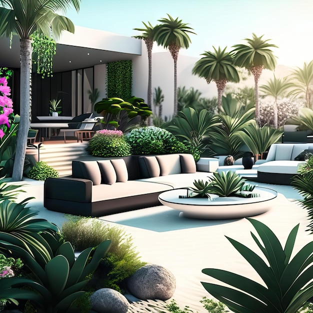 Buiten woonkamer zen ruimte met tropische planten en moderne meubels Generatieve AI