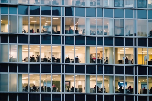 Buitenaanzicht van kantoorgebouw veel raam met zakenmensen die werken binnen Generative AI AIG18