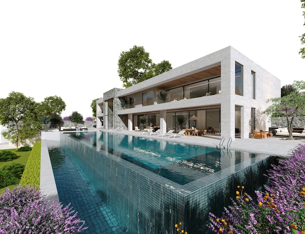 Buitenaanzicht van moderne poolvilla, 3d render