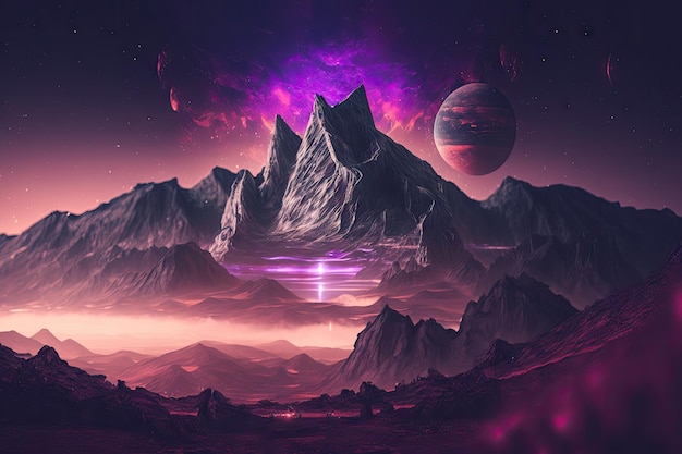 Buitenaards landschap met paarse bergen en gloeiende lichten idee dubbele belichting