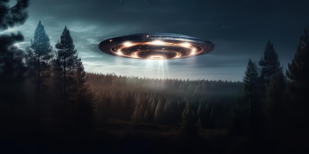 Buitenaards ruimteschip boven het nachtbos Nachtfotografie van een UFO