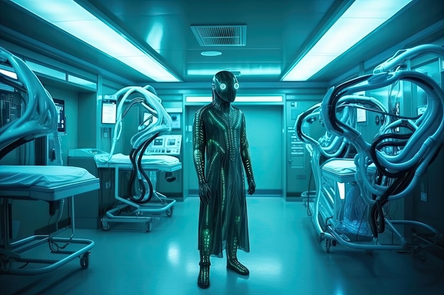 Buitenaardse arts die optreedt in een futuristisch ziekenhuis gemaakt met generatieve ai