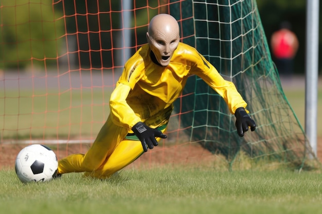 Foto buitenaardse atleet mist net het doel in een voetbalspel gemaakt met generatieve ai