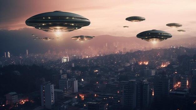 Buitenaardse invasie UFO vliegt over de stad