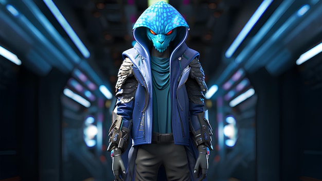 buitenaardse personages met een slangenmasker met een blauw-witte hoed en een elektrisch blauw jasje img ID OKGaw
