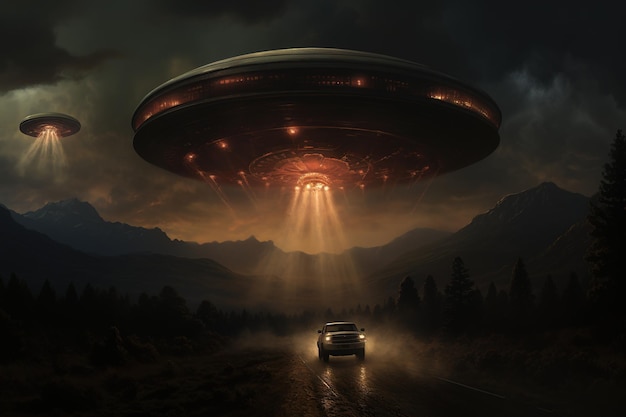 Foto buitenaardse vliegende schotel ufo over een bosweg