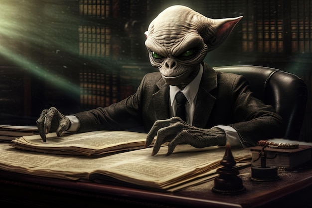 Buitenaardse vreemdelingen advocatenkantoor alien aan zijn bureau karakter illustratie generatieve ai