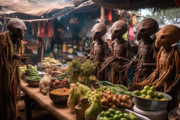 Buitenaardse wezens die exotische kruiden en specerijen kopen bij een marktkraam gemaakt met generatieve AI