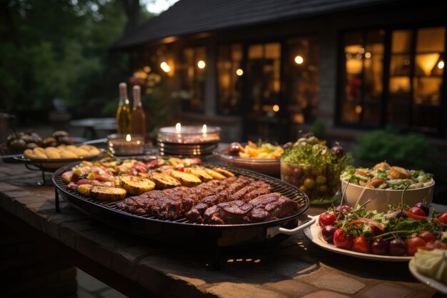 Buitenbarbecue met gegrild vlees en vrienden generatieve IA