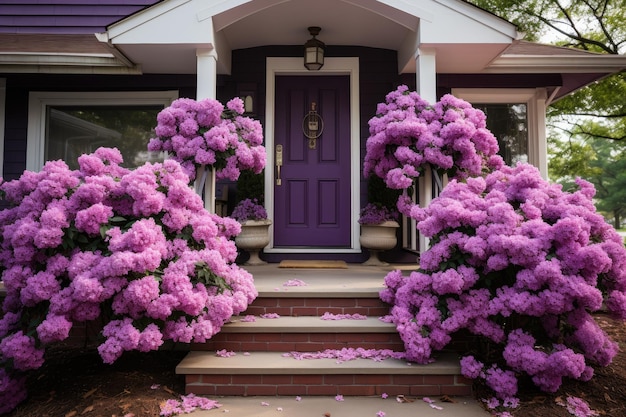 buitendecoratie van de voordeur met violetpaarse thema-inspiratie-ideeën