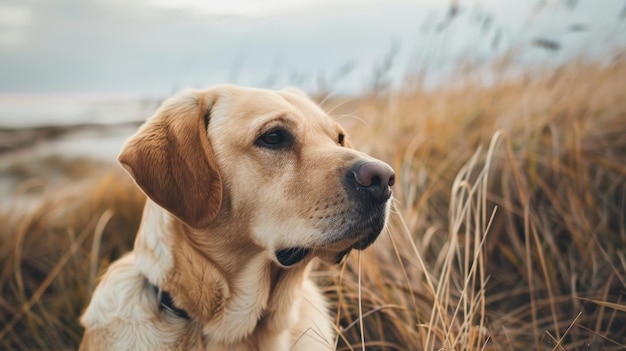 Buitenfoto van een knappe hond aan de kust, door AI gegenereerde illustratie