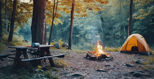 buitenkamperen in het bos met vuurplaats en tent