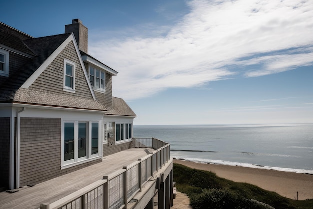 Buitenkant van Cape Cod-huis met volledig zicht op de oceaan en de kustlijn