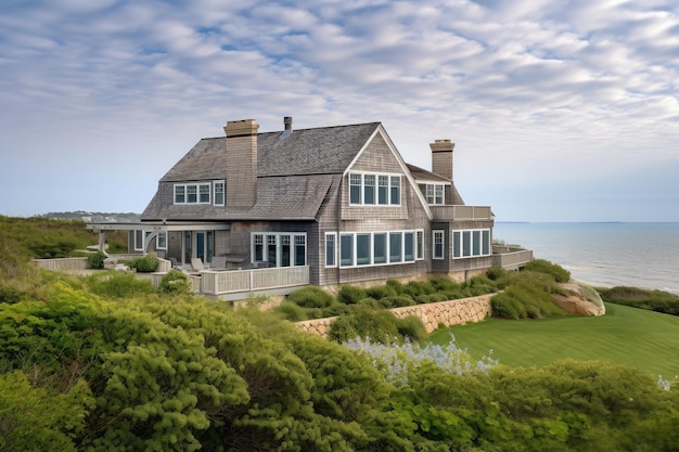 Buitenkant van Cape Cod-huis met volledig zicht op de oceaan en de kustlijn