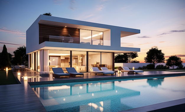 Buitenkant van moderne, minimalistische kubieke villa met zonsondergangzwembad Generatieve AI