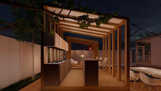 buitenkeuken in het tuinhuisje nachtzicht licht op 3d illustratie