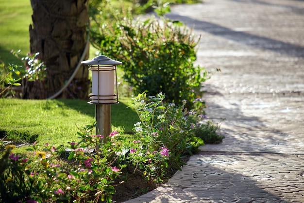 Buitenlamp op tuingazon voor tuinverlichting in zomerpark