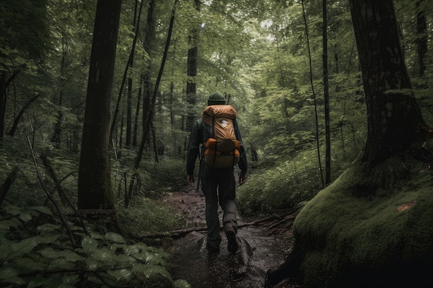 Buitenmens die zich diep in het bos waagt op een minder bereisd pad, gemaakt met generatieve AI