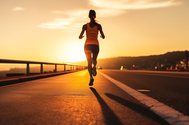 Buitenoefening Een vrouw traint voor een marathon op een zonsondergangparcours