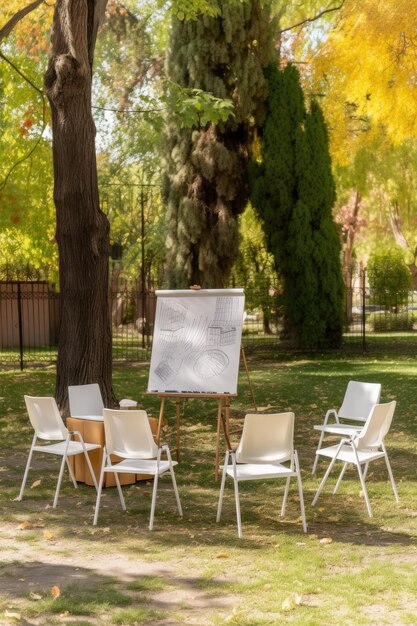 Buitenopstelling met stoelen en flip-over in een park gecreëerd met generatieve AI