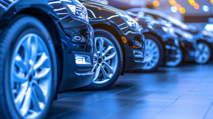 Buitenparkeerplaats met gebruikte auto's te koop en te verhuren op het parkeerterrein voor auto's
