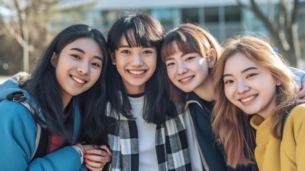 Foto buitenshuis knuffelen multiculturele middelbare scholieren generatieve ai