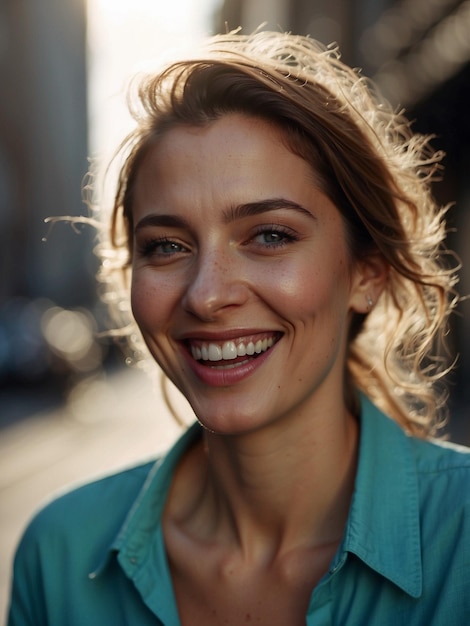 Buitenshuis portret van mooie jonge vrouw lachen