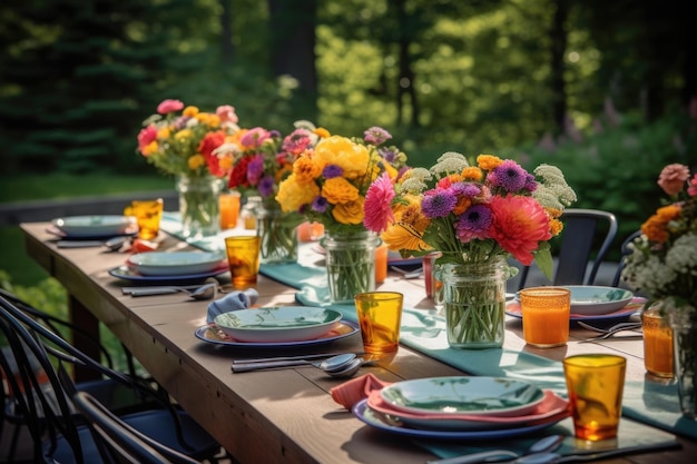 Buitentafel met frisse en kleurrijke bloemen gemaakt met generatieve AI