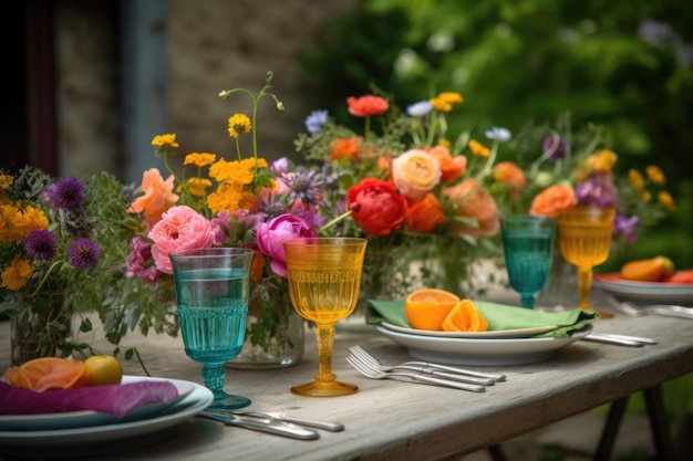 Buitentafel met frisse en kleurrijke bloemen gemaakt met generatieve AI
