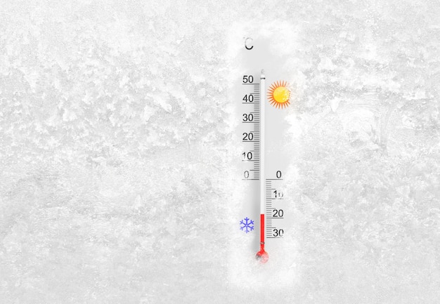 Buitenthermometer op een bevroren raam