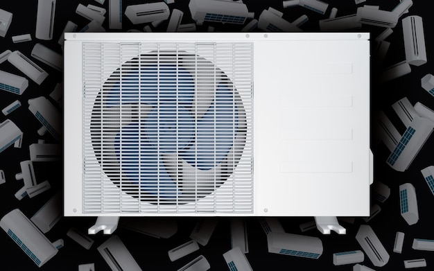 buitenunit van een airconditioner op een zwarte achtergrond van veel airconditioners 3d