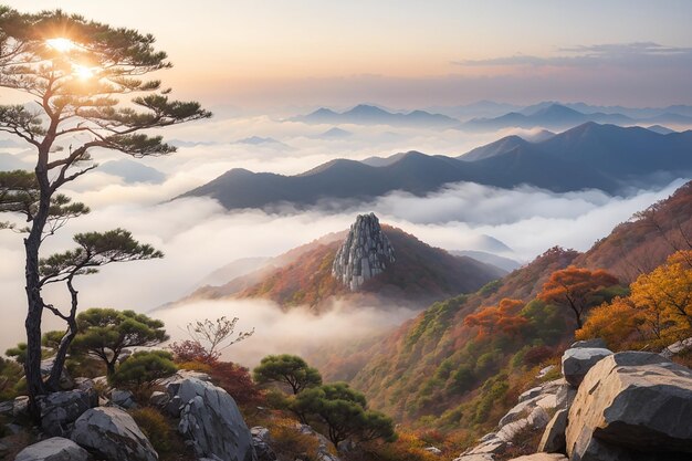 Photo bukhansan mountains is covered by morning fog and sunrise in bukhansan national park seoul in south korea