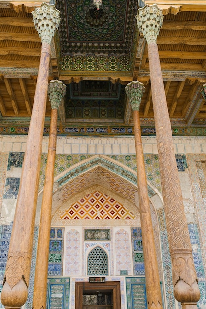 Bukhara Uzbekistan December 2021 Wooden columns Bolo House Mosque