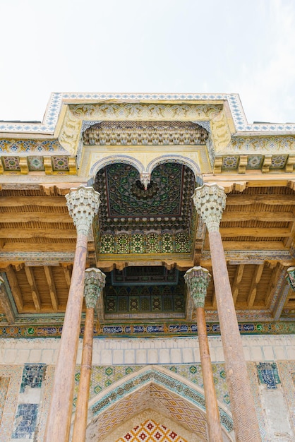 Bukhara Uzbekistan December 2021 Wooden columns and ceiling of the Bolo House Mosque