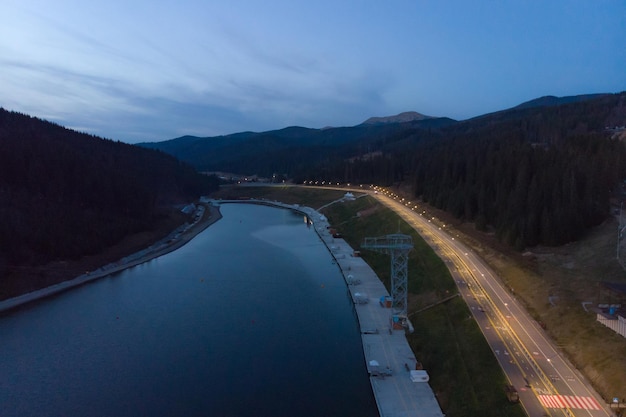 BUKOVEL UKRAINE November 13 2018 aerial view of bukovel at sunset lake