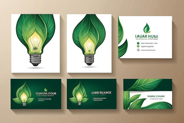 bulb lamp nature leaf logo and business card design vector