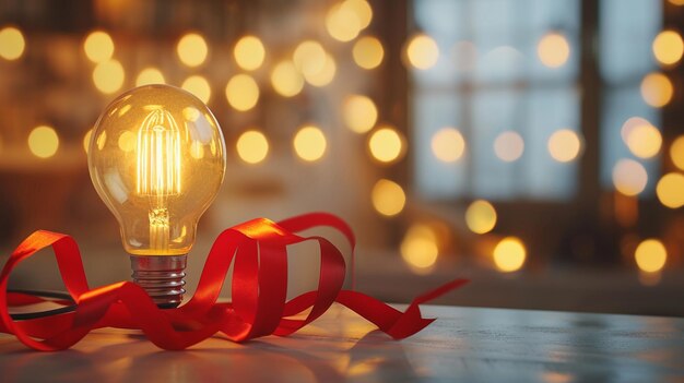 Bulb lamp on red ribbon for the new year Generative Ai