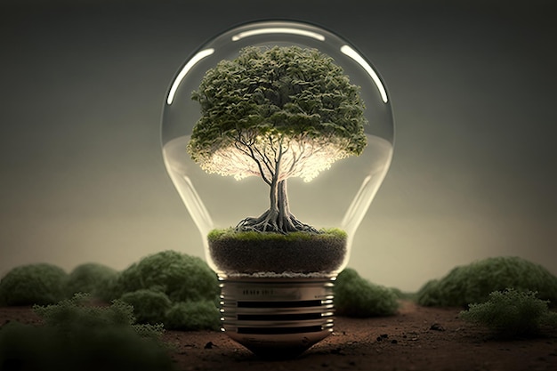 グリーン エネルギーの自然保護の植生の考えを持つ電球 再生可能エネルギーの生態保全の概念 ジェネレーティブ AI