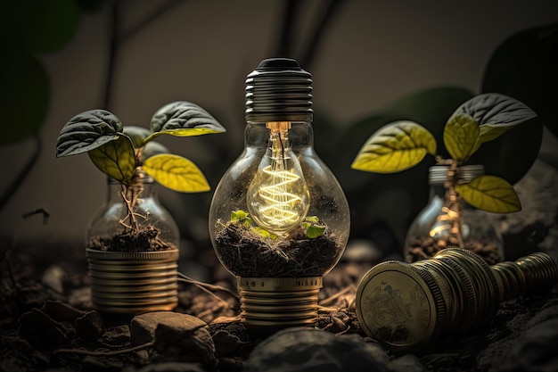 Bulbs with Plants and Coins Save Energy and Money Concept