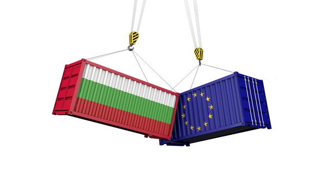 Фото Концепция торговой войны болгарии и европы сталкивается с грузовыми контейнерами d render