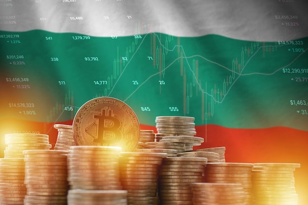 Bulgaria flag and big amount of golden bitcoin coins and trading platform chart Crypto currency