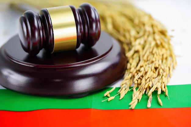Флаг Болгарии и молоток для судьи адвоката с золотым зерном риса.