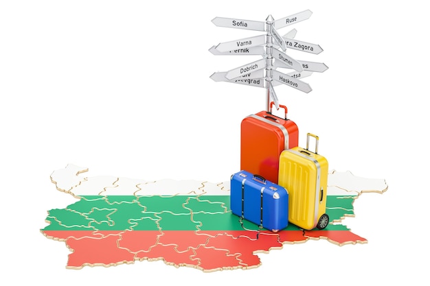 Концепция путешествия по Болгарии Болгарский флаг на карте с чемоданами и указателем 3D рендеринг